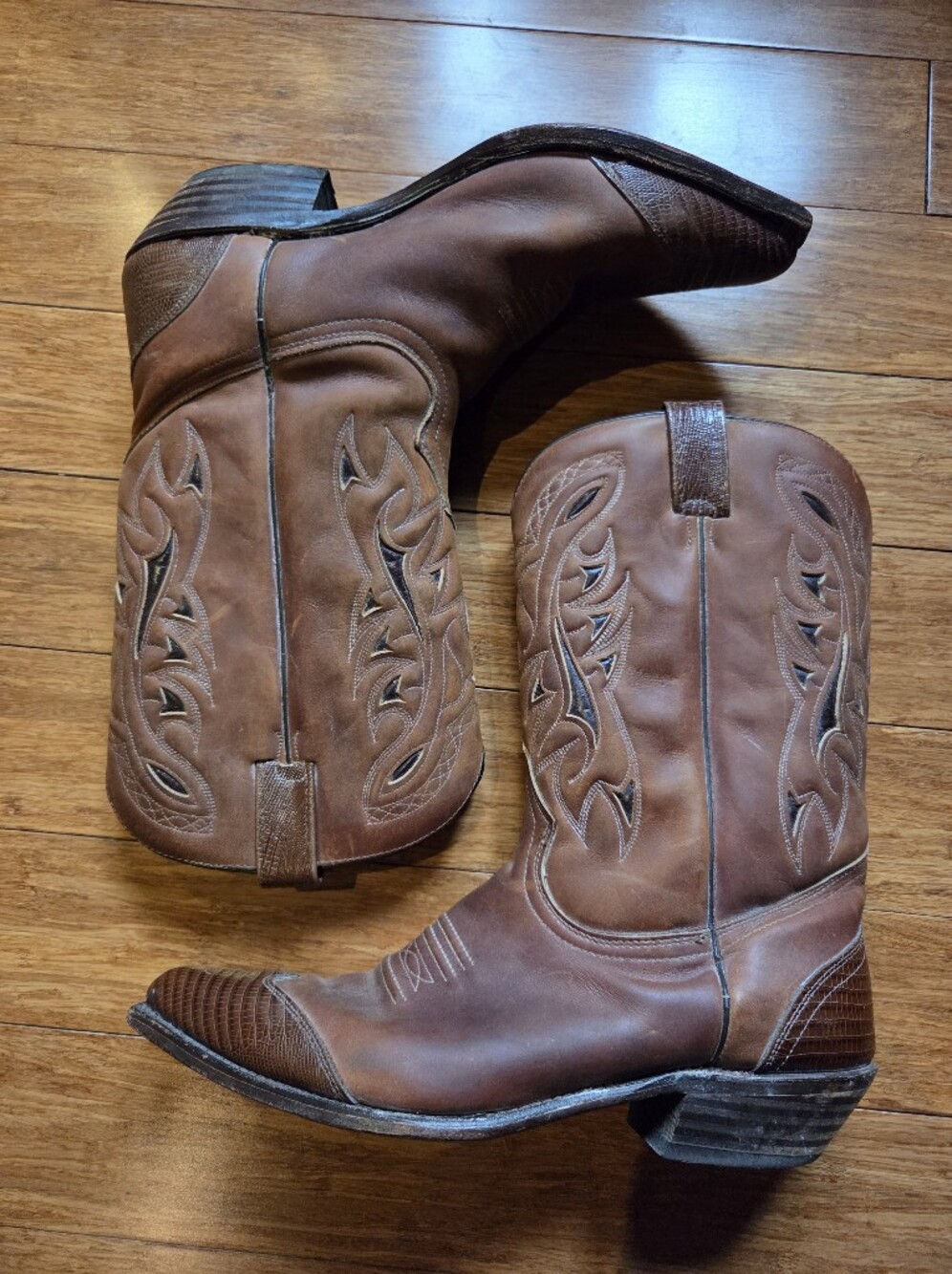 Vintage Canadian Western Cowboy Boots Brown Leather Snip Toe Lizard Men's 10